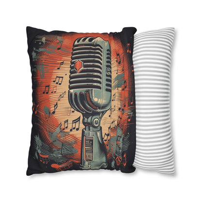 Micrófono retro y notas musicales - Funda de almohada cuadrada de poliéster hilado con diseño de estilo vintage 