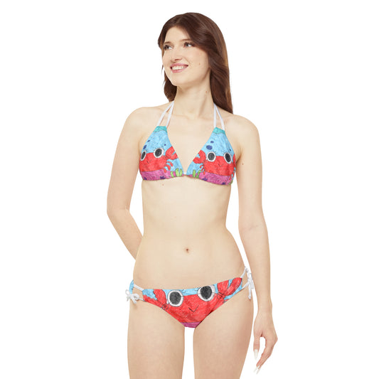 Conjunto de bikini con tiras Sea Lovers y estampado de cangrejo de langosta (AOP)