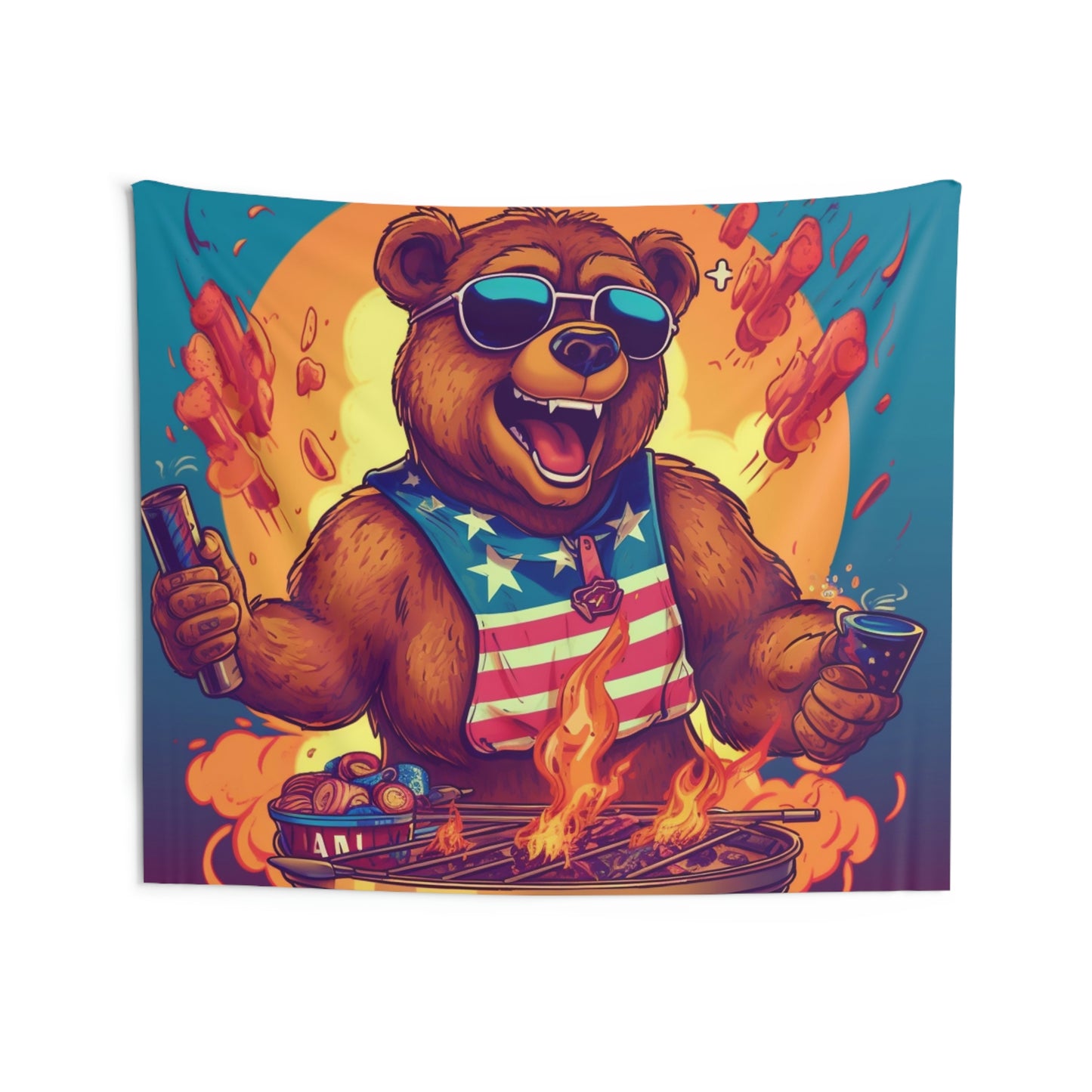 Grill Like a Patriot: Celebrate 4th of July with Patriotic Bear's Culinary Chef Indoor Wall Tapestries