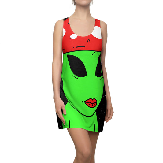 Mushroom Head Green Alien Visitor w/ Red Lips Women's Cut & Sew Racerback Dress (AOP)