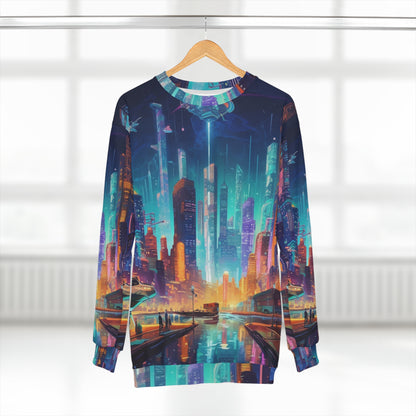 Sudadera unisex futurista de neón Cyberpunk Cityscape Art Design (AOP)