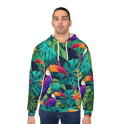 Vivid Tropical Birds &amp; Leaves - Sudadera con capucha unisex con estampado sin costuras (AOP) 