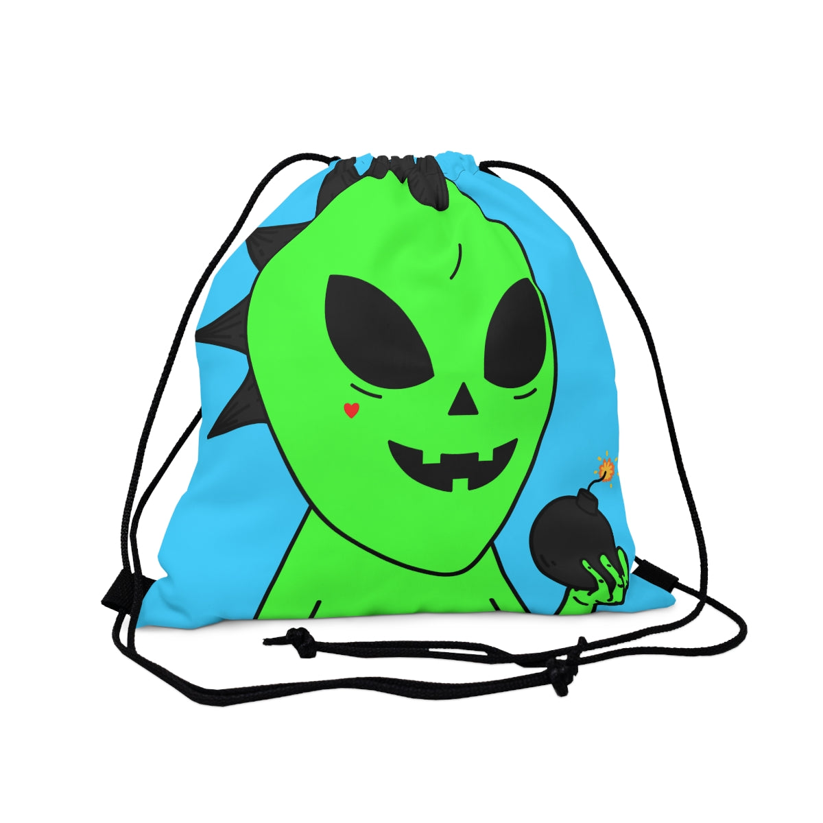 Green Alien Black Spiked Hair Pumkin Face Bomb Visitor Outdoor Drawstring Bag