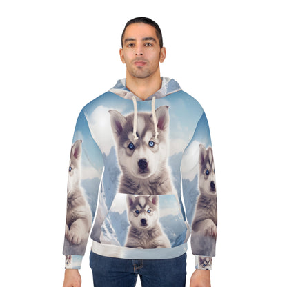 Husky Puppy Winter Wonder - Sudadera con capucha unisex con fondo de montaña nevada (AOP) 