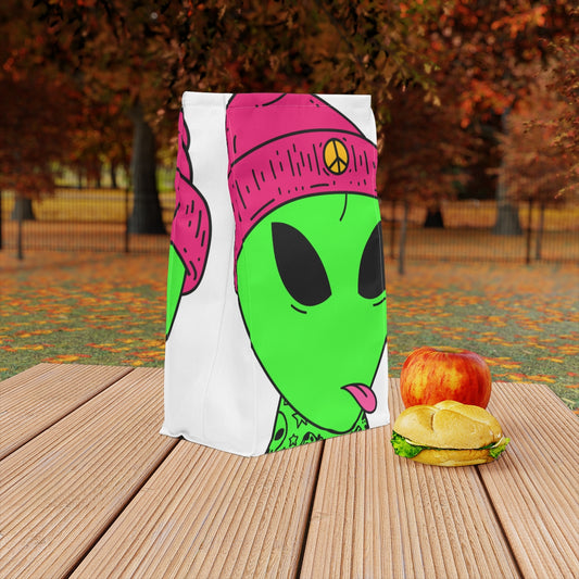 Pink Tongue Peace Hat Alien Tattoos UFO Space Extraterrestrial Visitor Polyester Lunch Bag