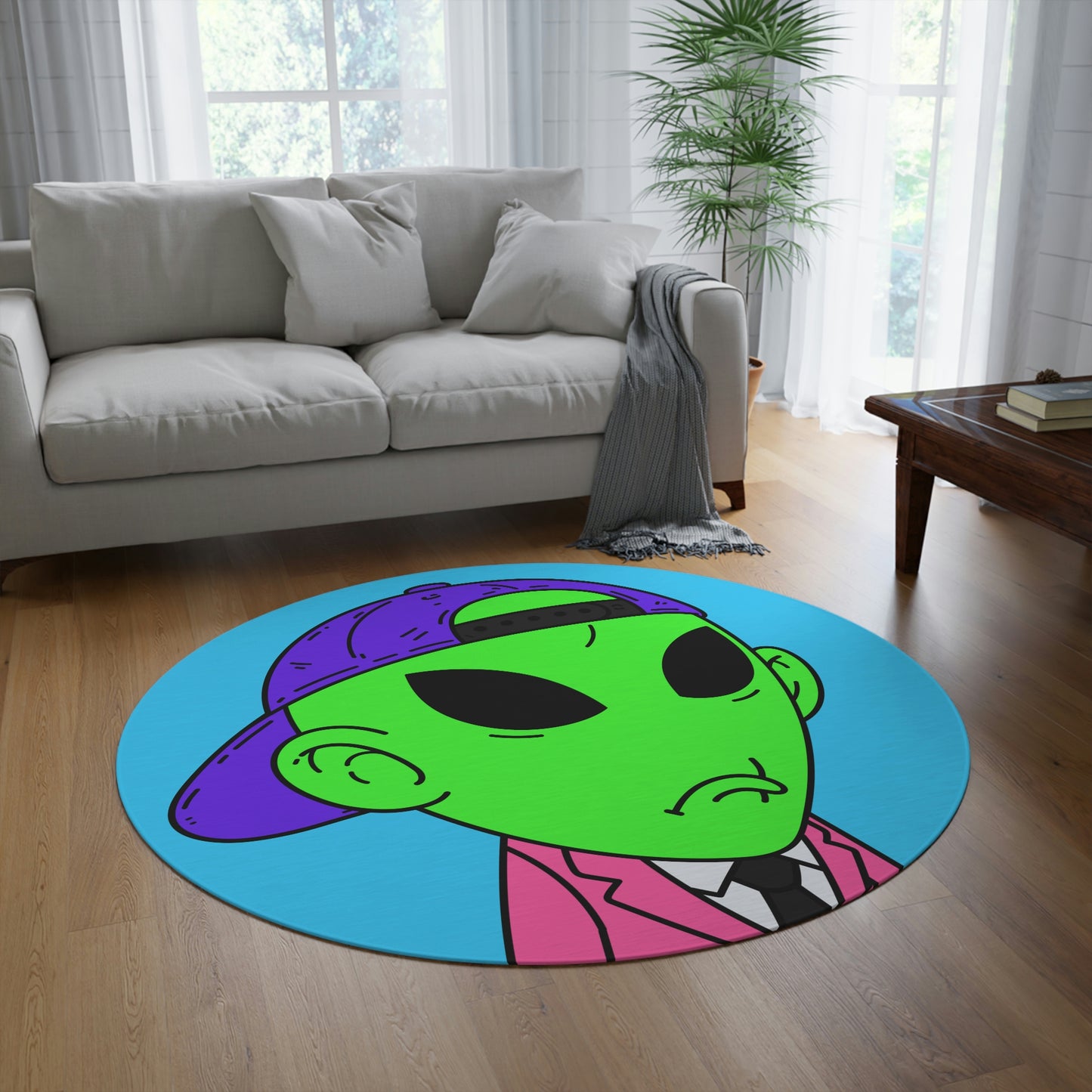 Pink Suit Small Ears Sad Face Purple Hat Green Visitor Round Rug - Visitor751