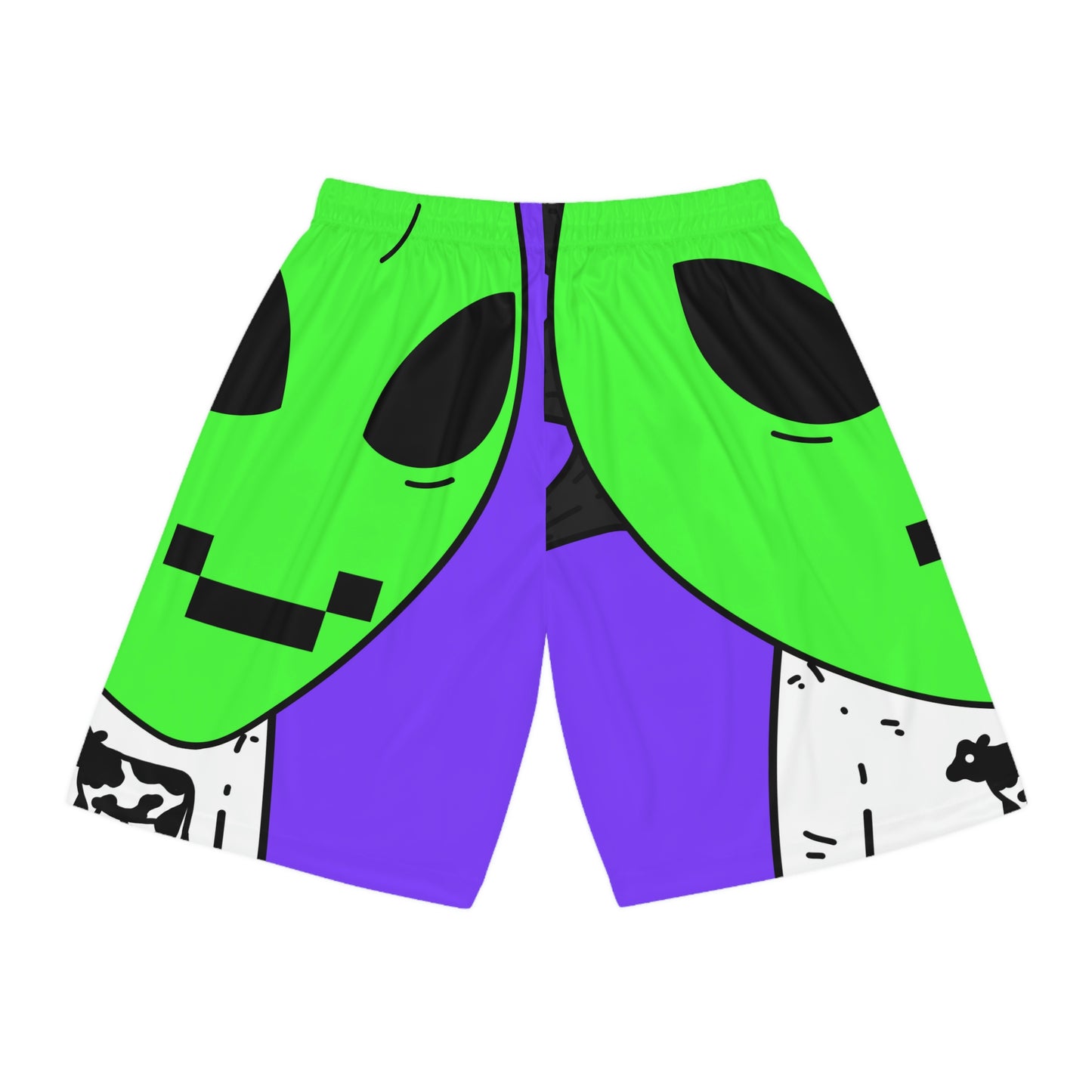 Cow Green Alien Spike Black Hair Digital Smile Visitor Basketball Shorts (AOP)