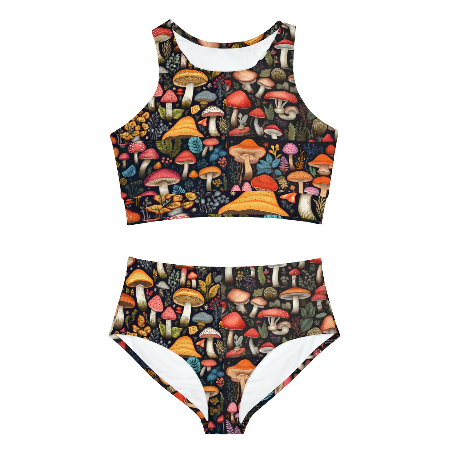 Fairy-Tale Fungi: Whimsical Assorted Mushroom Pattern Design Sporty Bikini Set (AOP)