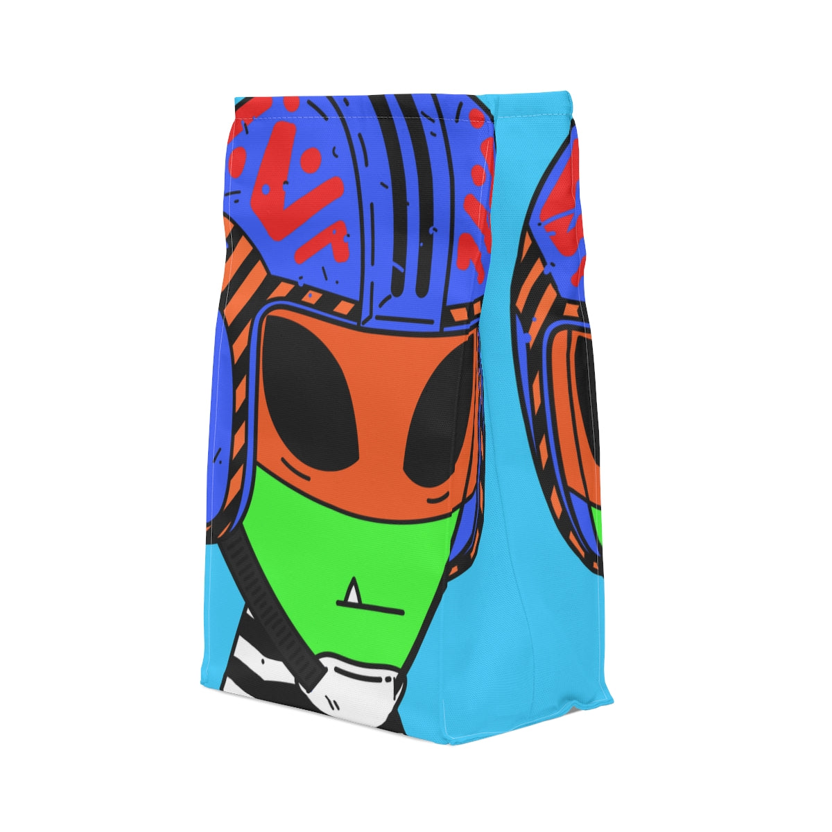 Bolsa de almuerzo de poliéster con camisa a rayas para visitante alienígena verde con casco espacial