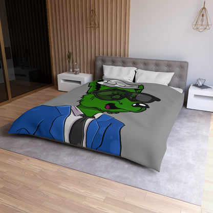 Cyborg Wolf Blue Suit Black Tie Green Fur Black Shades grey Fedora Microfiber Duvet Cover