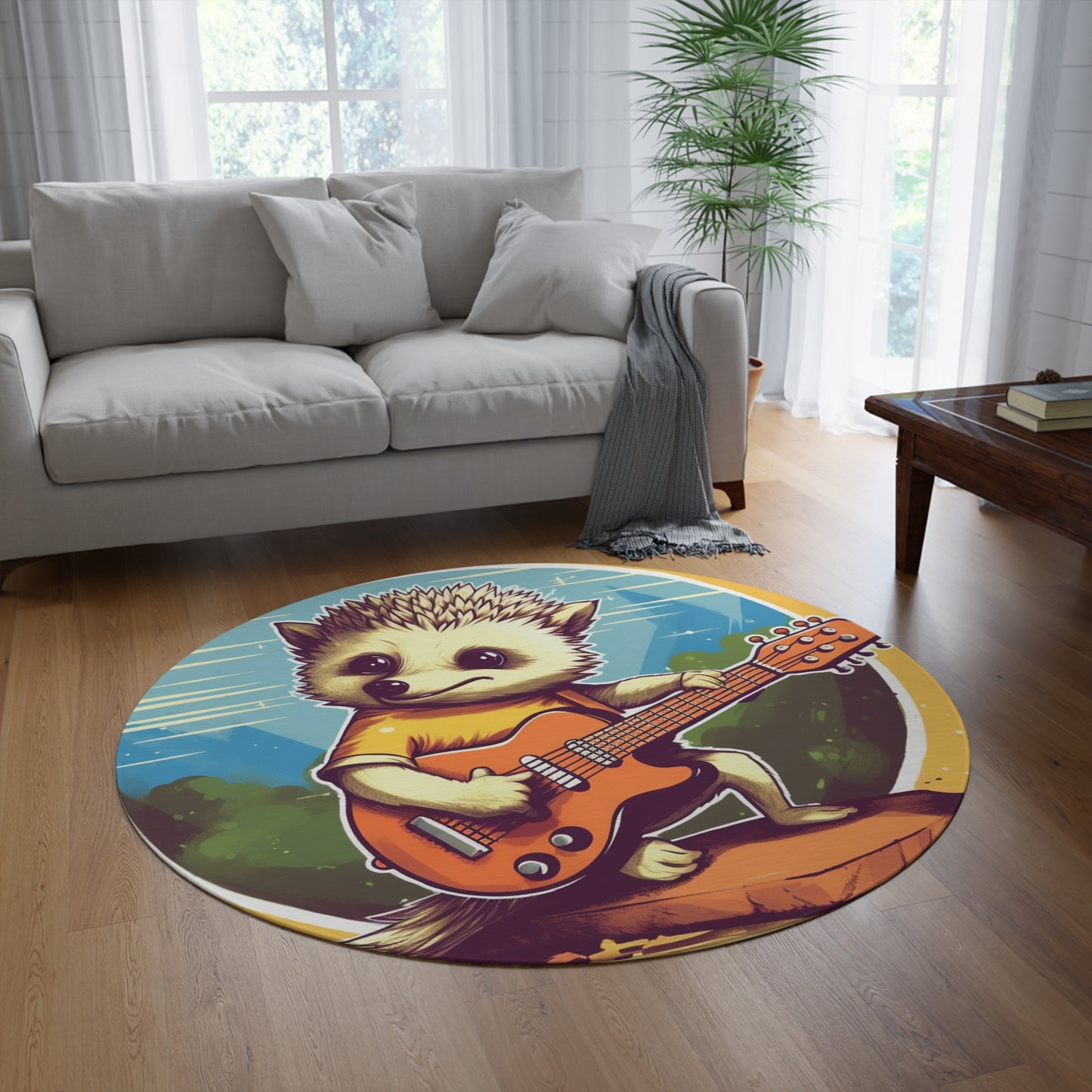 Hedgehog Guitar Band Musician Furry Cute Graphic Round Rug