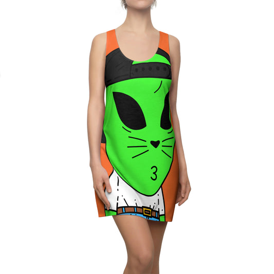 Cat Whiskers Visitor Green Alien Heart Nose Black Cap Women's Cut & Sew Racerback Dress (AOP)