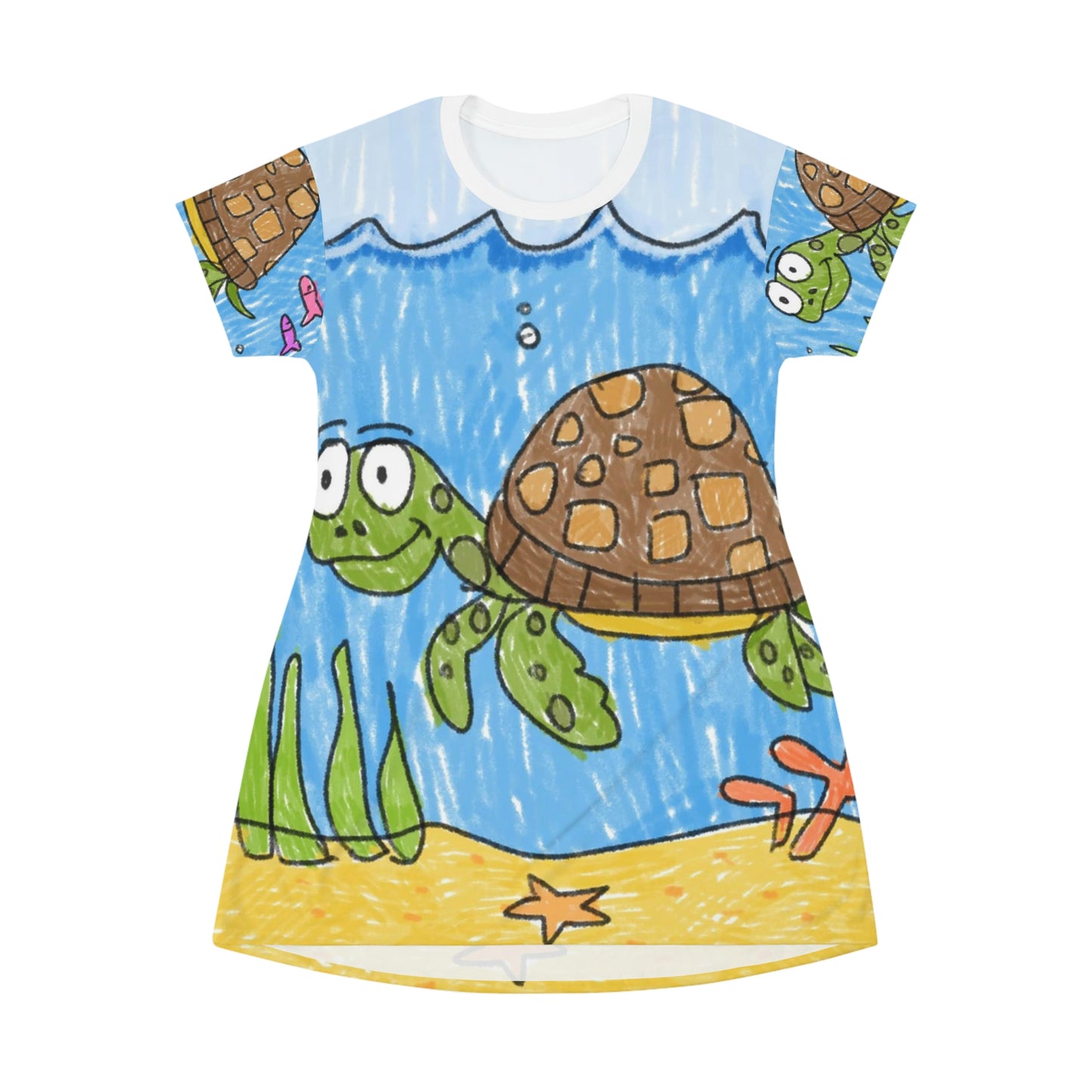 Vestido estilo camiseta con estampado integral de tortuga marina, playa, arena y océano 