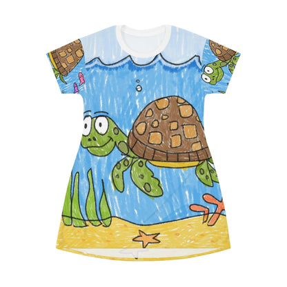 Vestido estilo camiseta con estampado integral de tortuga marina, playa, arena y océano 