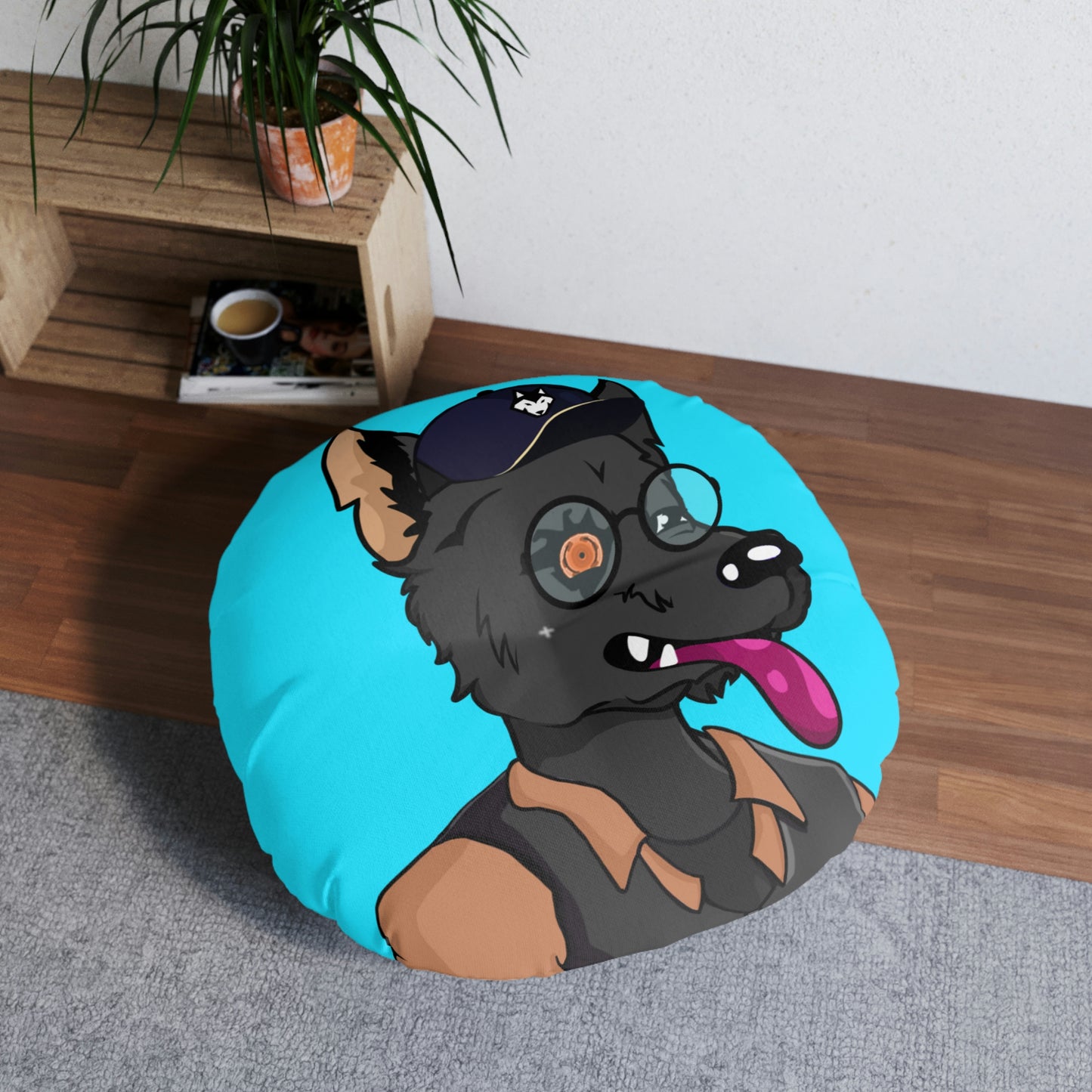 Cyborg Wolf Detective Tongue Out Round Glasses Tufted Floor Pillow, Round