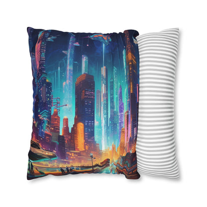 Futuristic Neon Cyberpunk Cityscape Art Design Spun Polyester Square Pillow Case