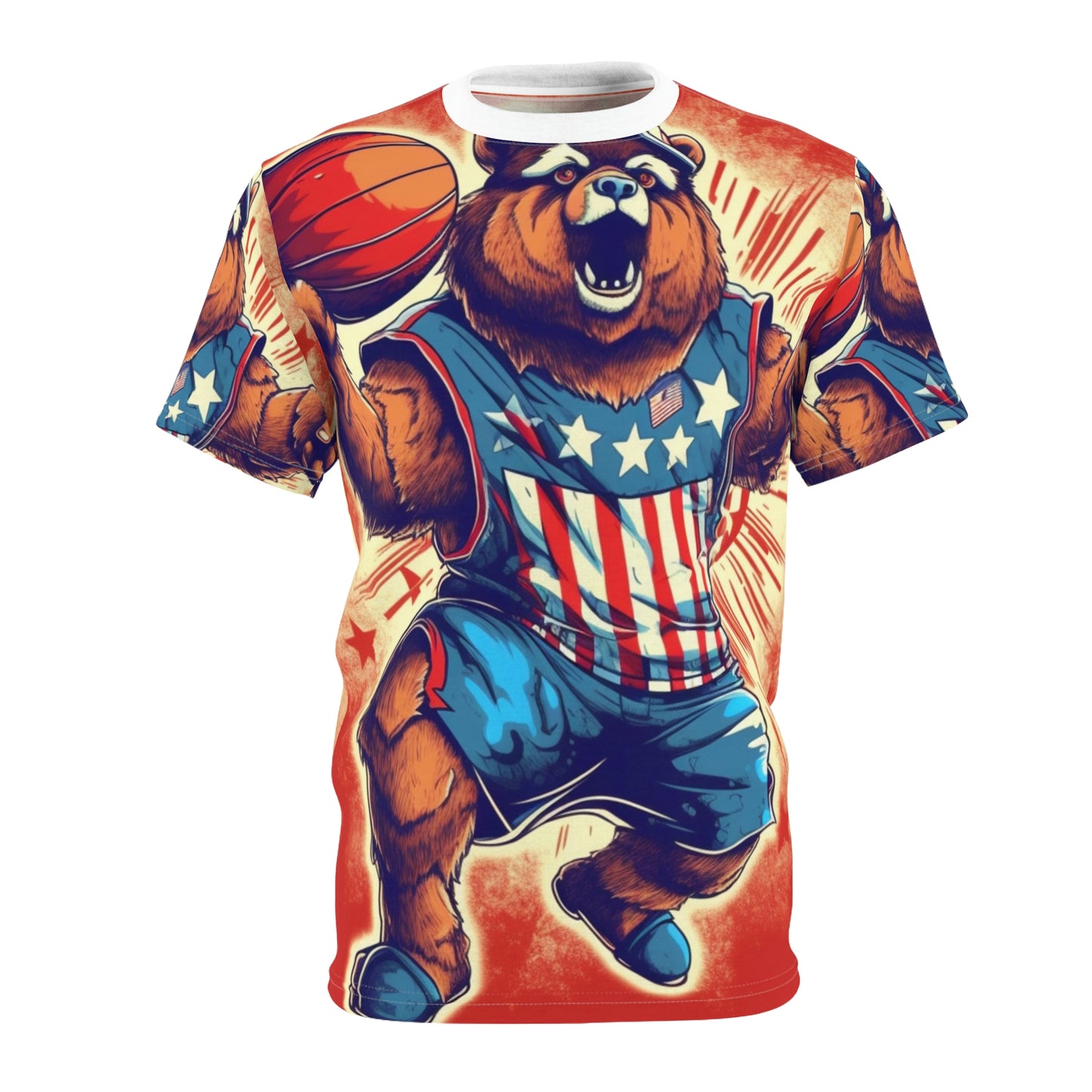 Slam Dunk for Independence:Patriotic Bear's 4th of July Basketball Game Unisex Cut & Sew Tee (AOP)