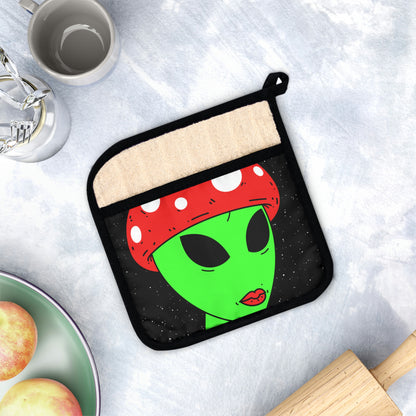 Mushroom Head Green Alien Visitor w/ Red Lips Pot Holder with Pocket