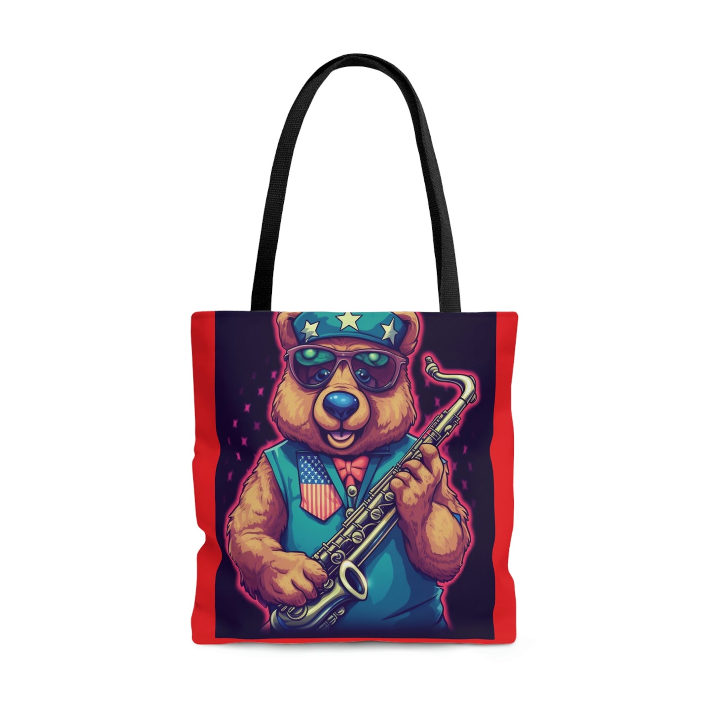 Jazz Stars and Stripes: Celebrate 4th of July with the Patriotic Bear's Saxophone Tote Bag (AOP)