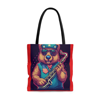 Jazz Stars and Stripes: Celebrate 4th of July with the Patriotic Bear's Saxophone Tote Bag (AOP)