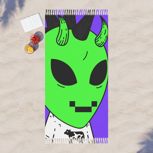 Vaca Verde Alien Spike Cabello Negro Sonrisa Digital Visitante Boho Tela de Playa