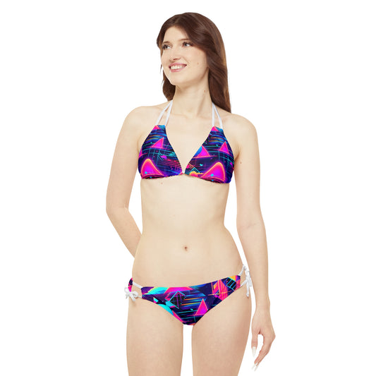 80s Synthwave Retro-Futuristic Inspired Pattern Design Strappy Bikini Set (AOP)