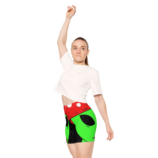 Mushroom Head Green Alien Visitor w/ Red Lips Women's Biker Shorts