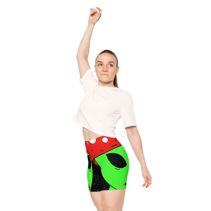 Mushroom Head Green Alien Visitor w/ Red Lips Women's Biker Shorts (AOP)