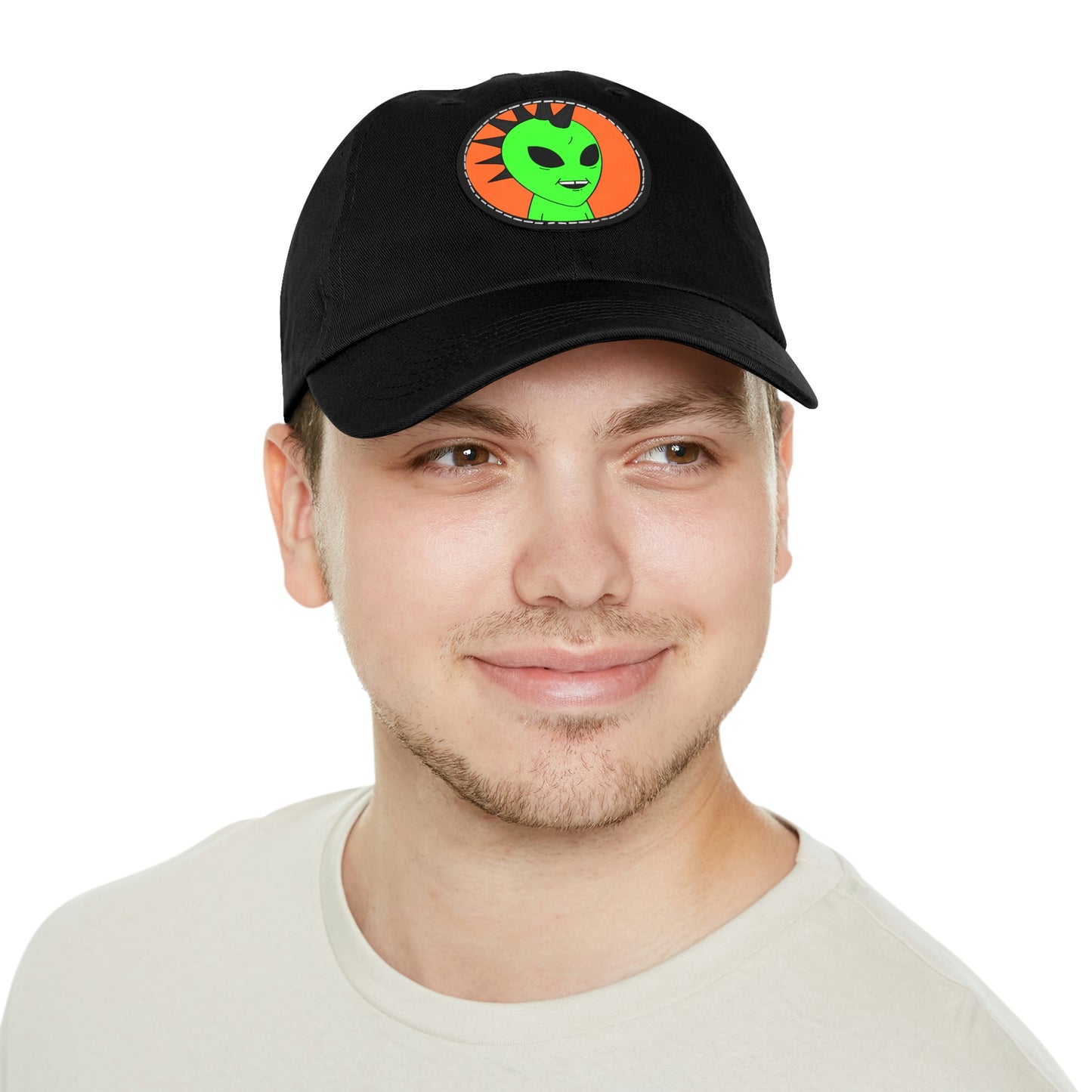 Black Hair Spiked Visitor Alien Dad Hat with Leather Patch (Round)