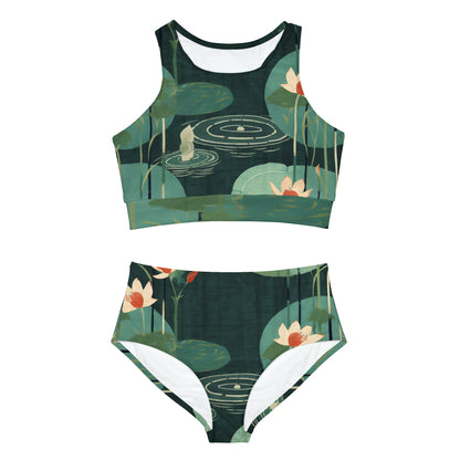 Zen-Inspired Bamboo, Lotus & Stone Garden Pattern Design Sporty Bikini Set (AOP)