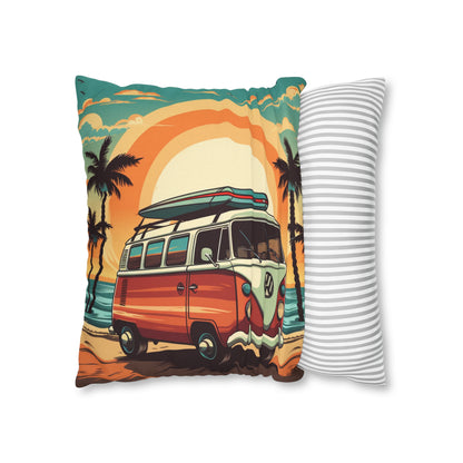 Retro Beach Camper Van - Sunset Surfboard Scene Spun Polyester Square Pillow Case