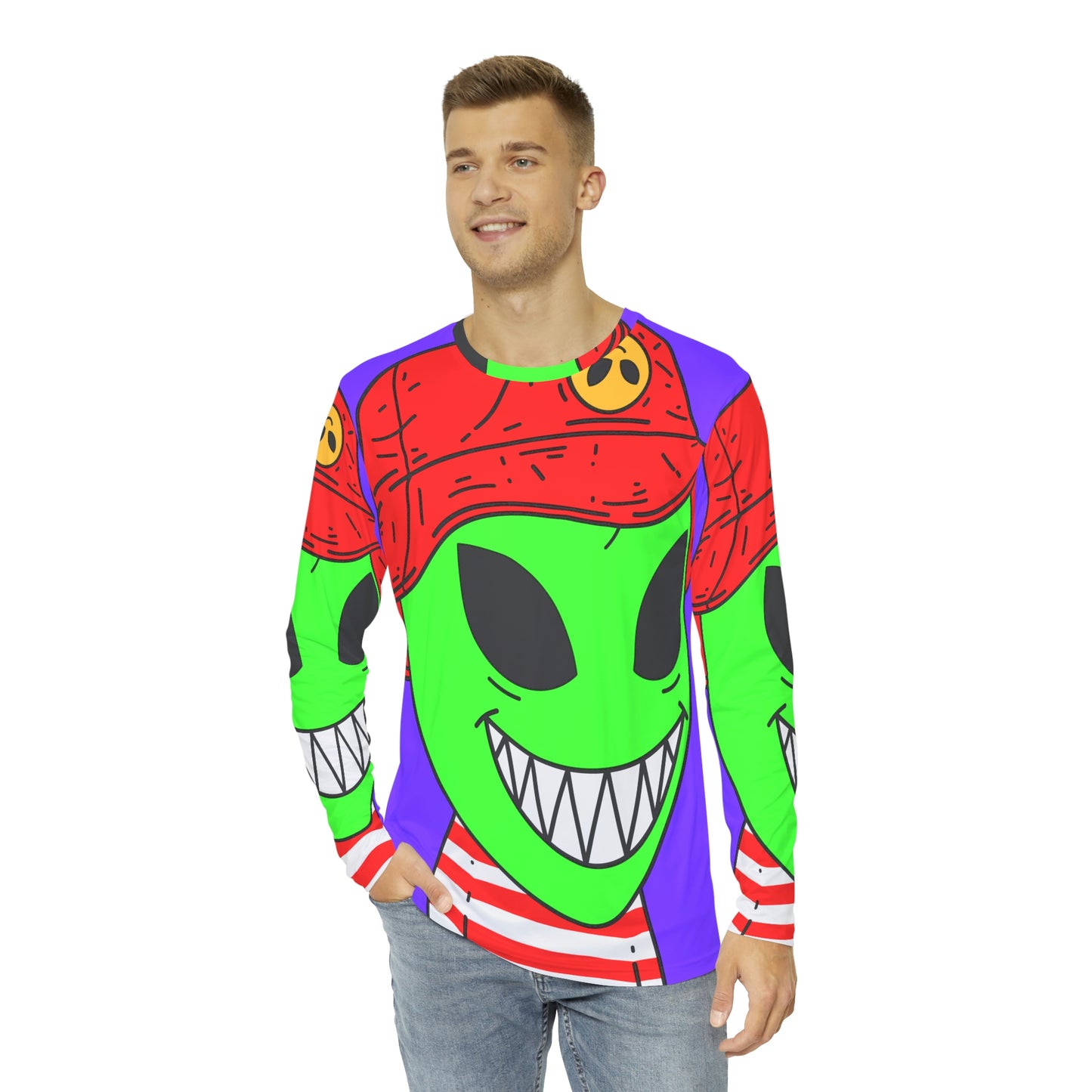 Alien Character Cartoon Red Hat Striped Shirt Big Smile Men's Long Sleeve AOP Shirt