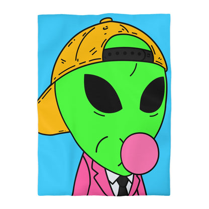 Pink Suit Bubble Gum Visitor Green Alien with Yellow Cap Microfiber Duvet Cover