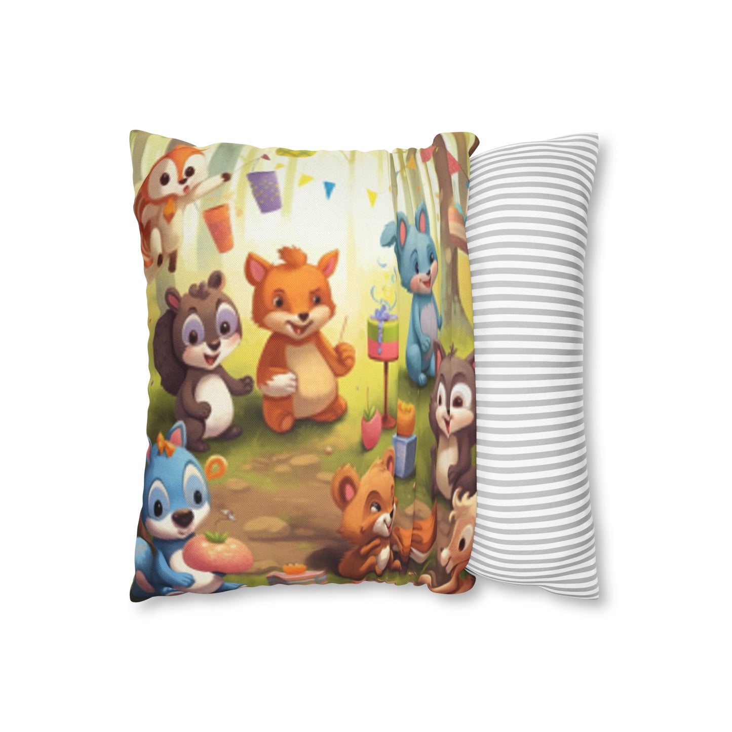 Nursery Art - Cartoon Forest Animals Party Design Spun Polyester Square Pillow Case