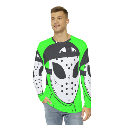 Camiseta AOP de manga larga para hombre con máscara de hockey blanca y verde alienígena visitante 