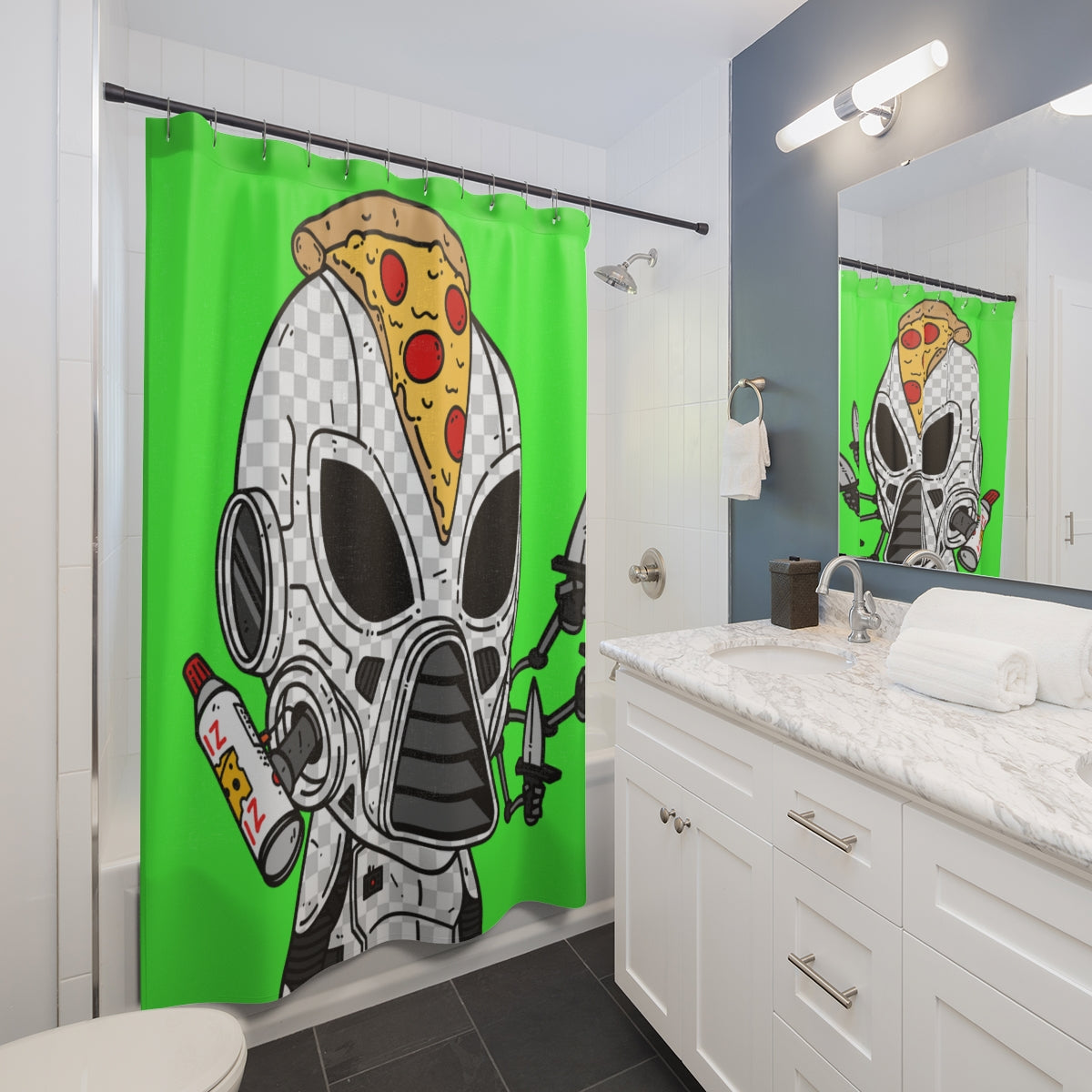 Knive Peppe Pizza Viz Wiz Armored White Future Alien Cyborg Machine Visitor Shower Curtains