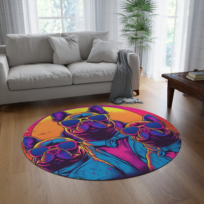 Retro Synthwave French Bulldogs Cartoon - Animated Summer Design Round Rug