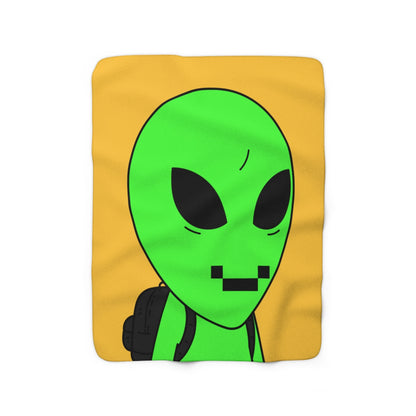 Green Alien Visitor Digital Face Black Backpack Sherpa Fleece Blanket