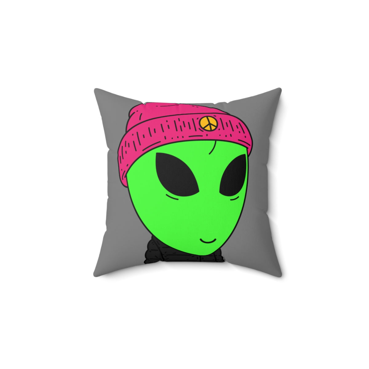 The Visitors Green Alien Peace Hat Spun Polyester Square Pillow