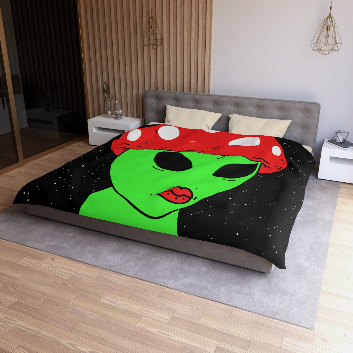 Mushroom Head Green Alien Visitor w/ Red Lips Microfiber Duvet Cover