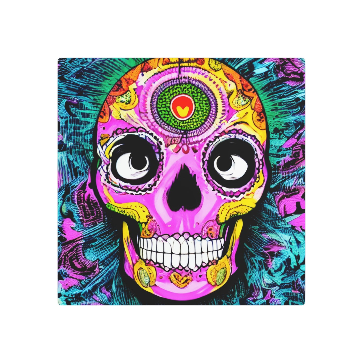 Trippy psychedelic Skull Skeleton Head Face Metal Art Sign