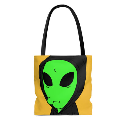 Sudadera con capucha negra alienígena verde Personaje de dibujos animados Visitante AOP Bolsa de tela 