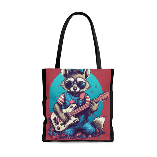 Patriotic Rock 'n' Roll Raccoon: Furry Guitar Player Tote Bag (AOP)