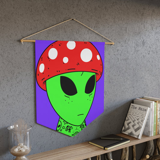 Red Mushroom Head Green Alien Freckles Space Cartoon Tattoos UFO Cows Milk Visitor Pennant