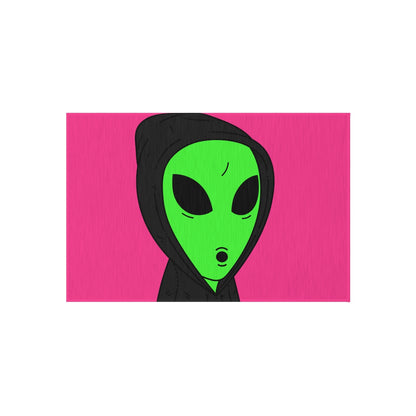 The Visitor Green Alien Black Hoodie Pink Background Outdoor Rug