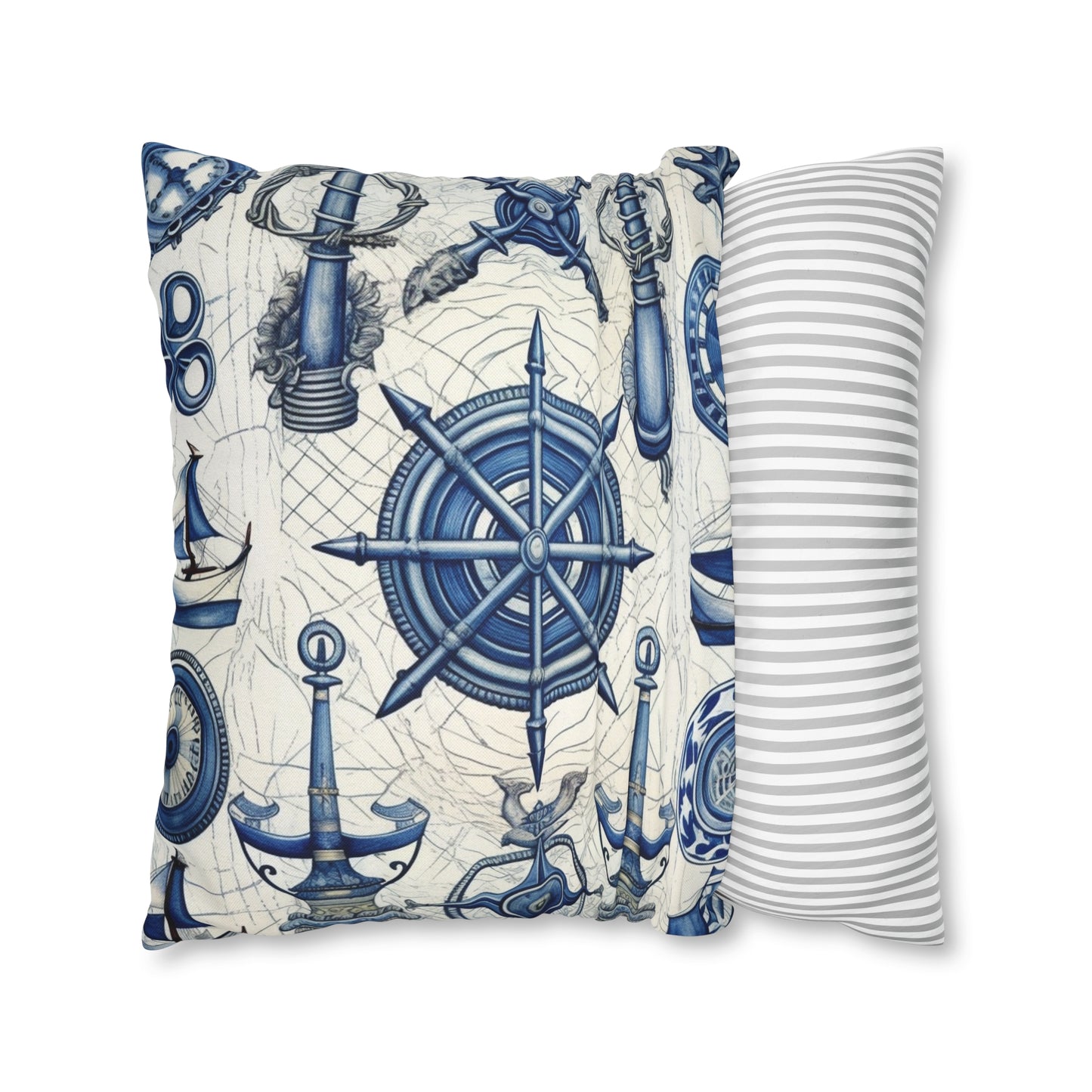 Nautical Theme Art - Anchors, Ropes, Compass Spun Polyester Square Pillow Case