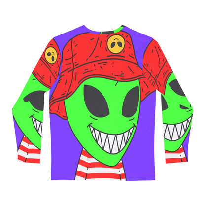 Alien Character Cartoon Red Hat Striped Shirt Big Smile Men's Long Sleeve AOP Shirt