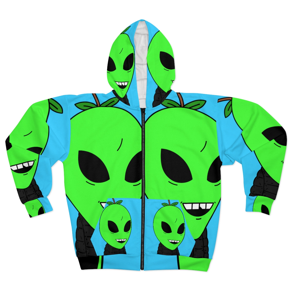 Apple Head Alien in Puffy Jacket AOP Unisex Zip Hoodie