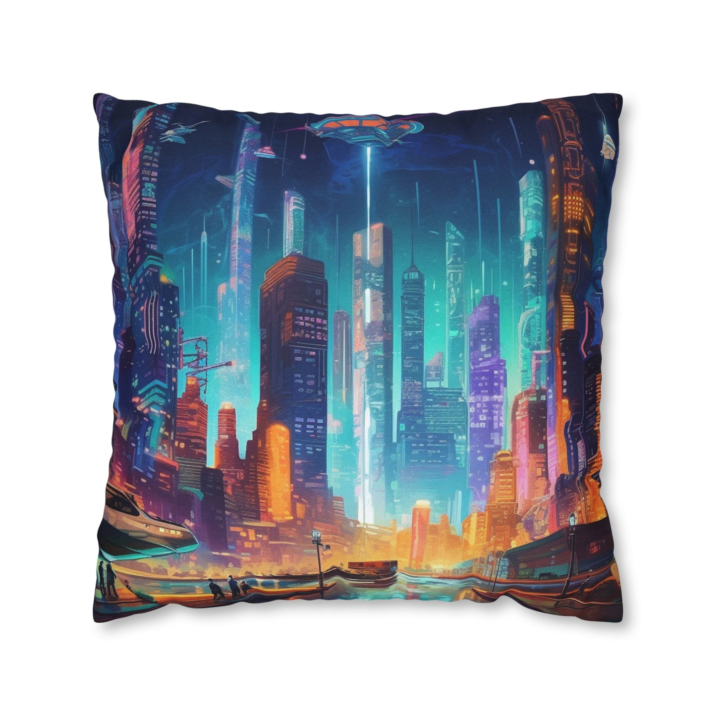 Futuristic Neon Cyberpunk Cityscape Art Design Spun Polyester Square Pillow Case