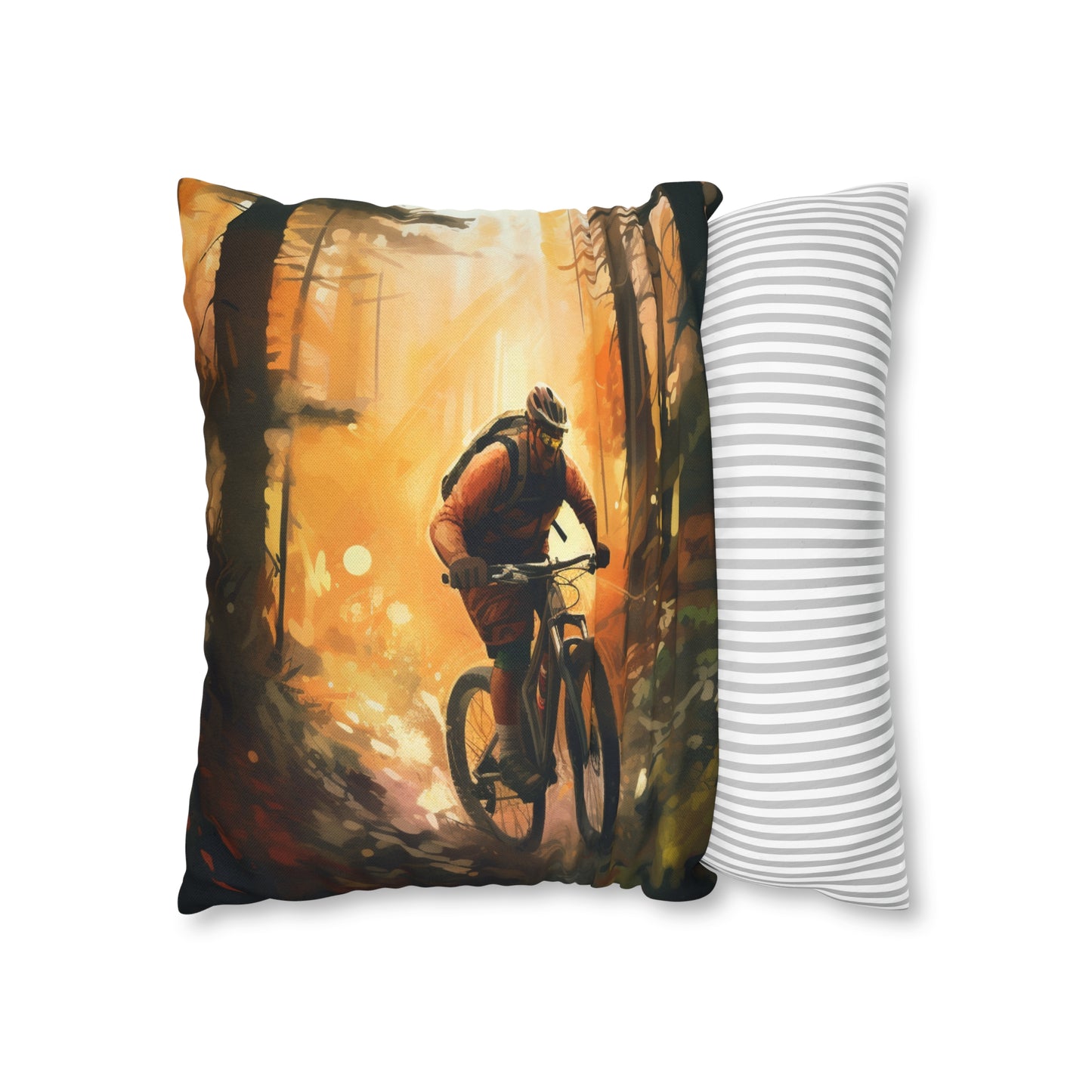 Mountain Bike Adventure - Forest Trail Graphic Spun Polyester Square Pillow Case